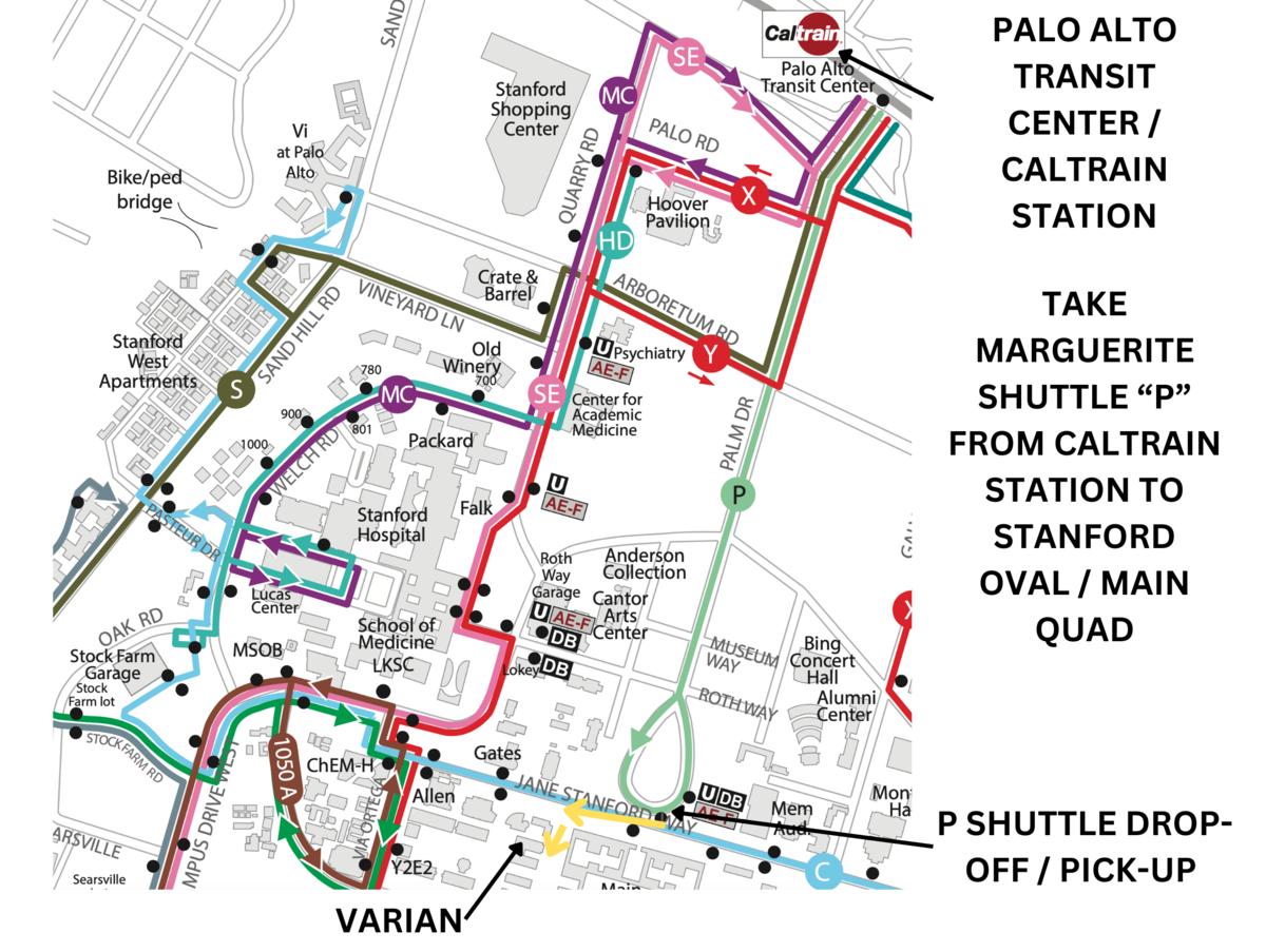 Map of Palo Alto Caltrain to Varian Physics Building